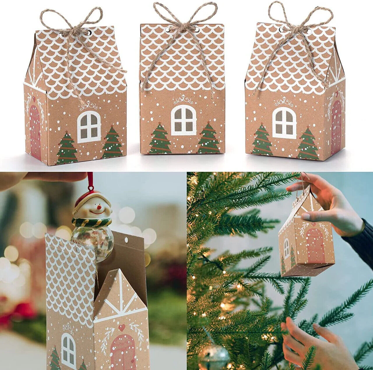 Christmas Paper House Party Favour Candy Sweets Gift Box Ribbon Xmas Bag Set