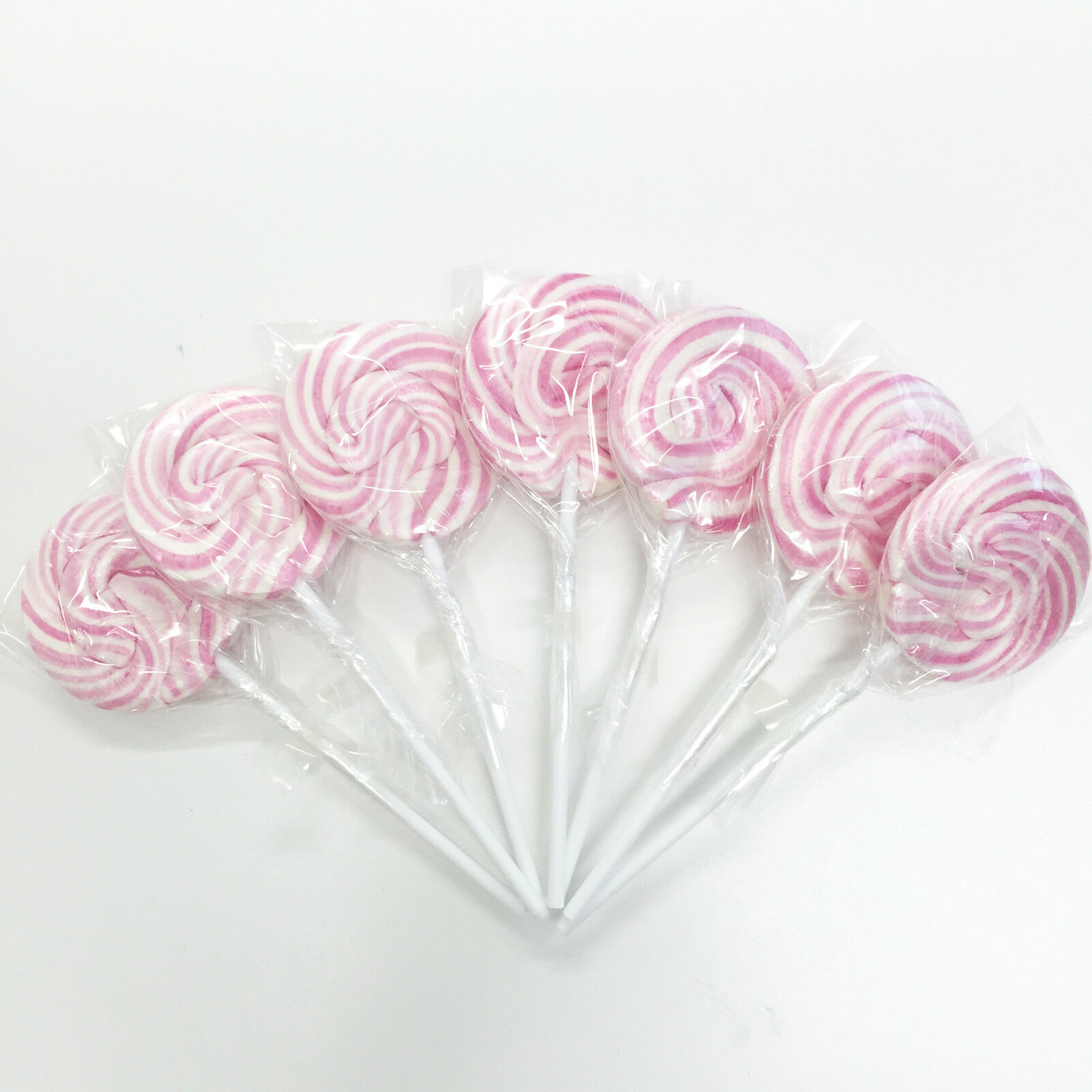 50 PINK AND WHITE WHEEL POPS  RETRO ROCK CANDY BABY SHOWER WEDDING FAVOUR LOLLY